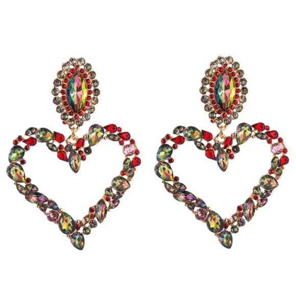Large Heart Jeweled Drop Earring - Multicolor - Picture 1 of 2